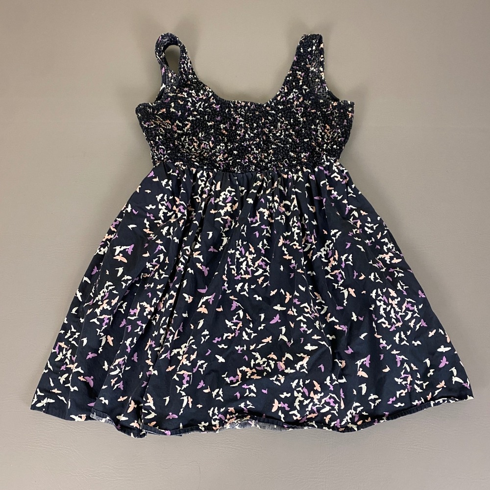H&M Mini Dress‎ Size 6 Black w/ Colorful Bird Print Sleeveless Smocked Casual